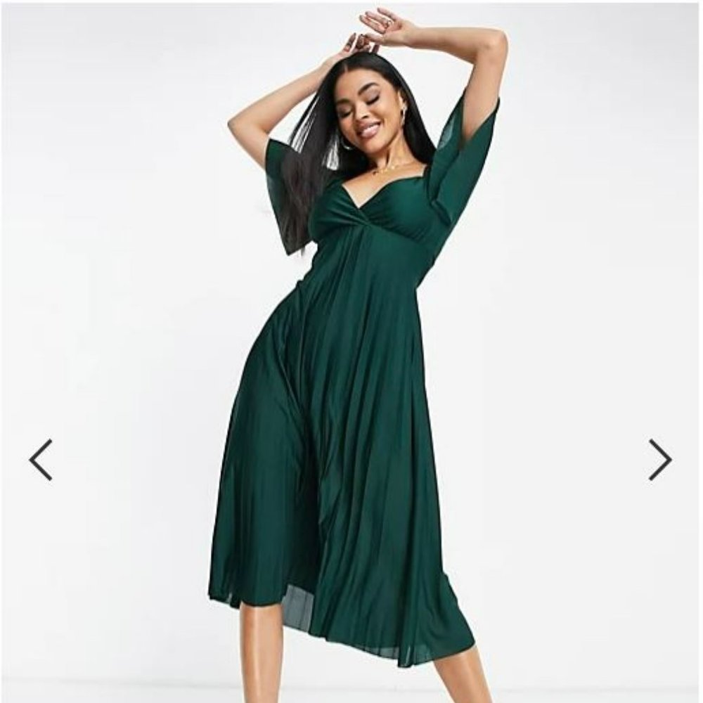 ASOS DESIGN pleated twist back cap sleeve midi dress in forest green